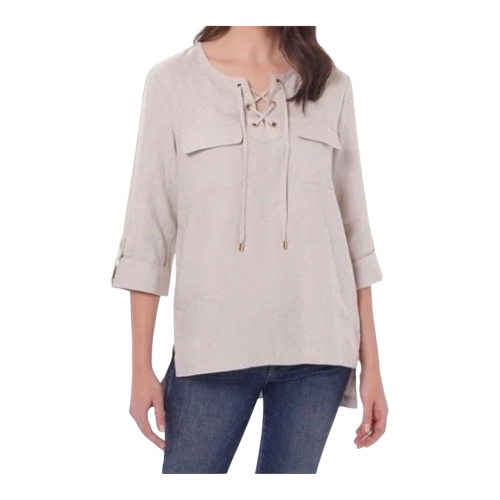 Ellen Tracy Linen Pullover Lace-Up White Tunic Top XL Roll Tab Sleeve - Picture 10 of 10